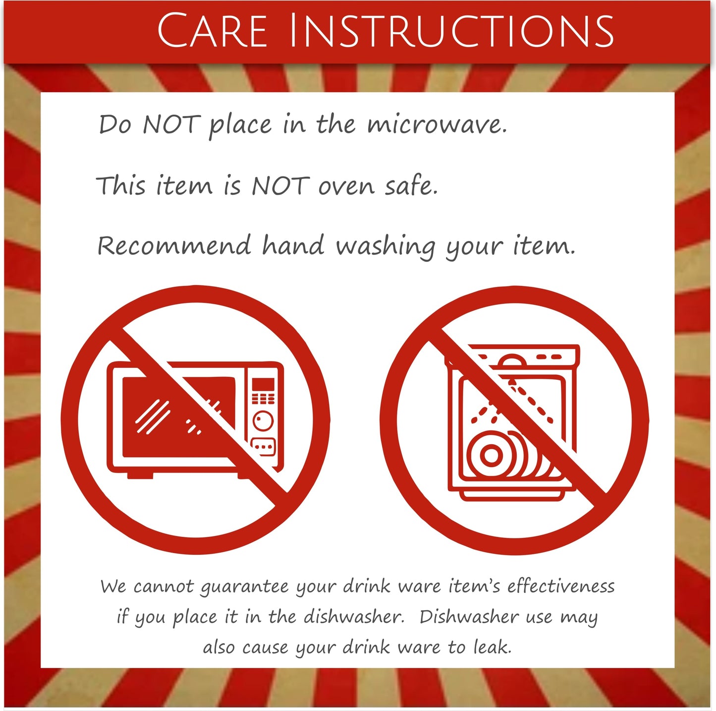 Care Instructions For Polar Camel Drinkware Line Of Products.  Includes Recommending Hand Washing And Warning To Not Place In Oven Or Microwave.