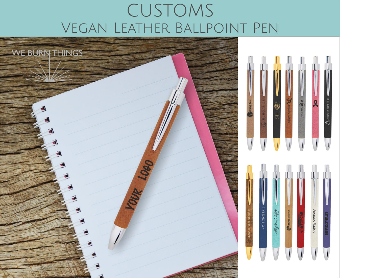 Vegan Leather Ballpoint Pen - CUSTOM PROMOTIONAL ITEMS - Business Logo Promotional Swag - Bulk Personalized Pen - Realtor Client Giveaways