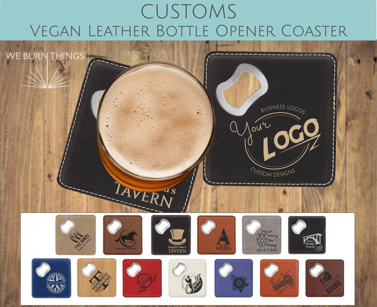 Custom Vegan Leather Coaster with Bottle Opener - FREE SHIPPING - Custom Promotional Items with Business Logo - Company and Event Logos Swag Giveaways