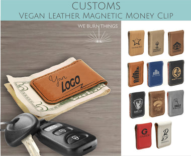 Vegan Leather Money Clip - CUSTOM PROMOTIONAL ITEMS - Business Logo Promotional Swag - Bulk Personalized Engraved Money Clip