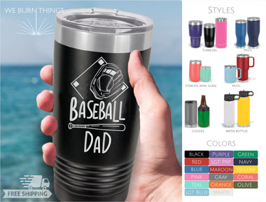 Hand Holding Black Polar Camel Brand Coffee Tumbler With Baseball Dad Engraved and Baseball Glove, Ball, Bat and Field Design