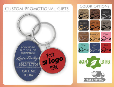 Custom Business Vegan Leather Key Chains (w/ Metal Backing) - CUSTOM PROMOTIONAL ITEMS - Realtor Client Giveaways - Useable Tradeshow Swag