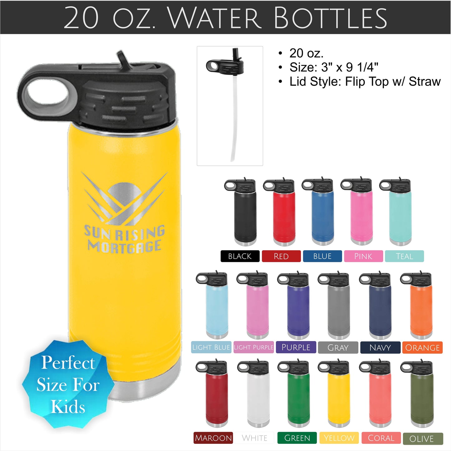 Custom Engraved 20 oz. Water Bottle - FREE SHIPPING - Company and Event Logos on Stainless Steel Double Wall Insulated Polar Camel Drinkware